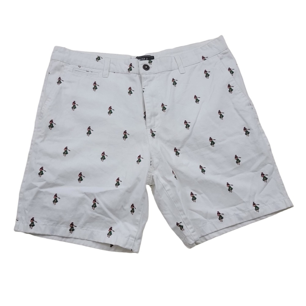 Forever 21 Mens Chinos Shorts White Green  Hawaiian Dancer Flat Front Pockets 36